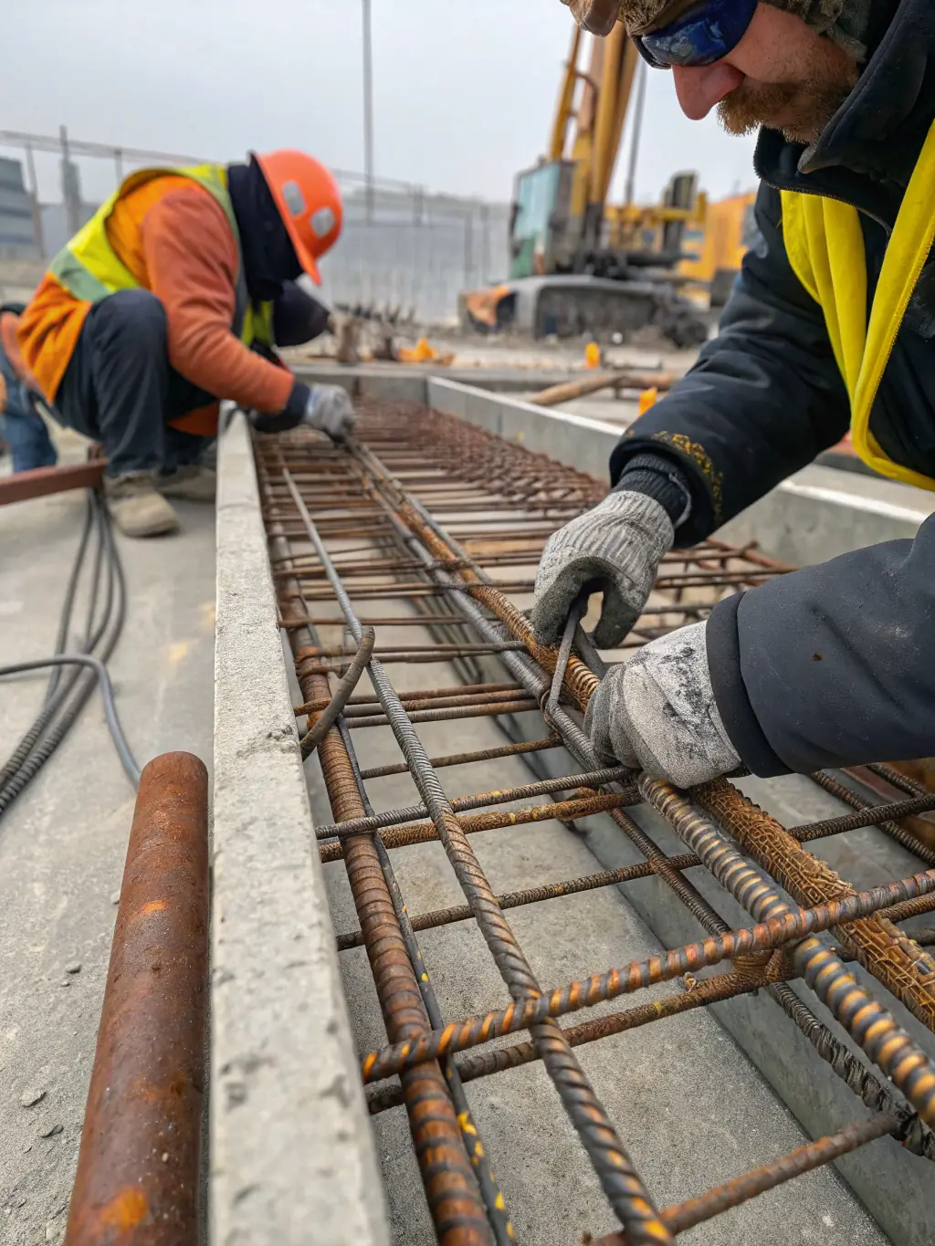 A close-up shot of rebar being precisely placed and tied together on a construction site, highlighting the meticulous work involved in rebar installation.