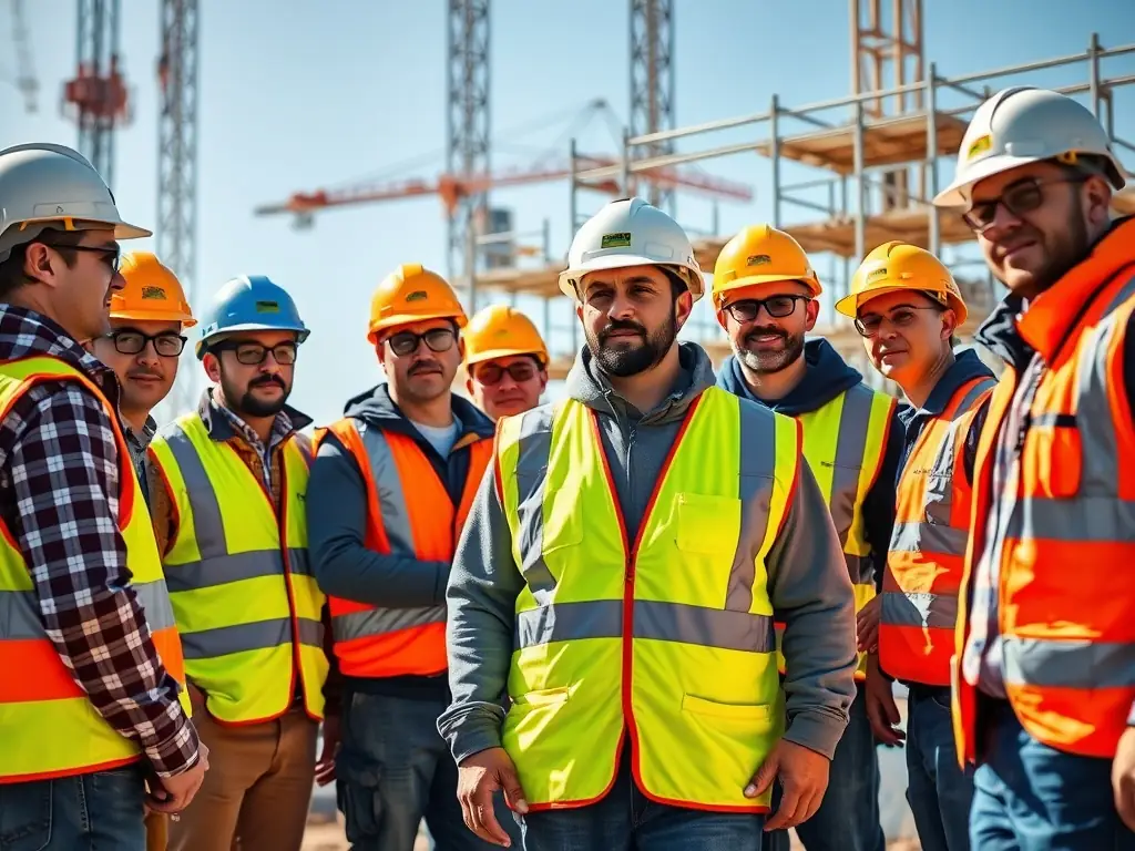 A diverse team of construction professionals collaborating on a rebar installation project, emphasizing the company's collaborative and client-focused approach.